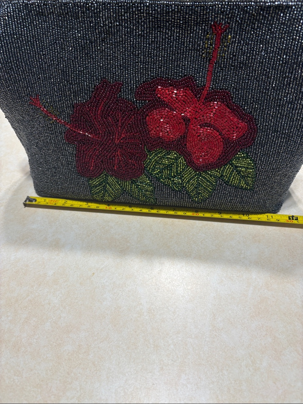 Beaded Floral Clutch with Red Hibiscus Motif